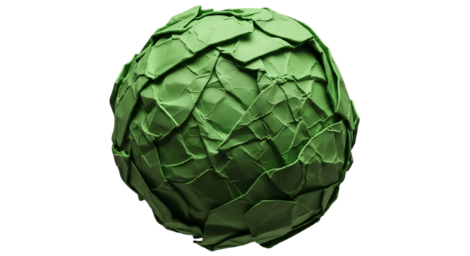 A crumpled green paper sphere isolated with a textured, layered, abstract, organic design. isolated on transparent background