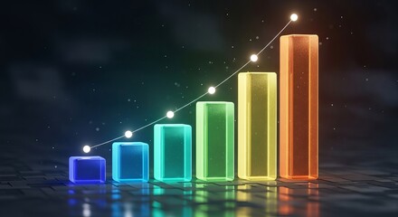 Colorful 3d bar graph showing upward trend with glowing lights and reflections on dark background