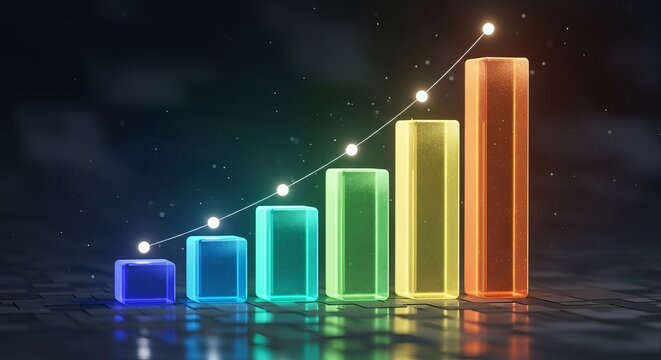 Colorful 3d bar graph showing upward trend with glowing lights and reflections on dark background - Powered by Adobe