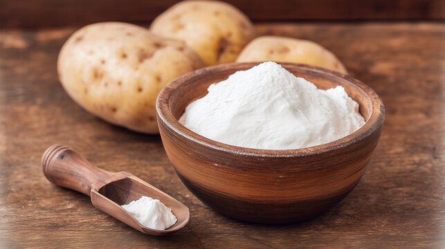 Natural Potato Starch Powder in Wooden Bowl. Generative AI