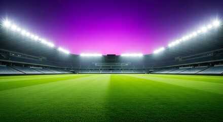 View of a large sports stadium with bright green field and purple sky with stadium flood lights on top