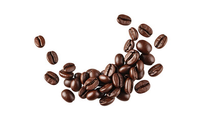 A crescent moon shape formed by roasted coffee beans artfully arranged and captured in motion isolated on transparent background