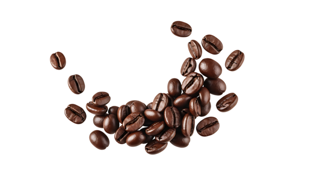 A crescent moon shape formed by roasted coffee beans artfully arranged and captured in motion isolated on transparent background