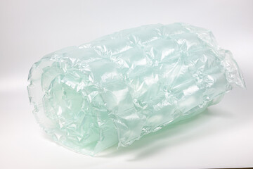 Fototapeta premium Close up plastic translucent air packaging, Plastic translucent packaging with air cushion. Inflatable air bag isolated on white background.