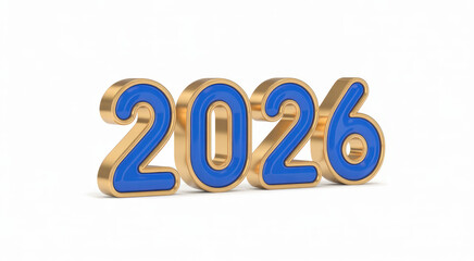 3D rendering of the year 2026 blue and gold numbers isolated on white background