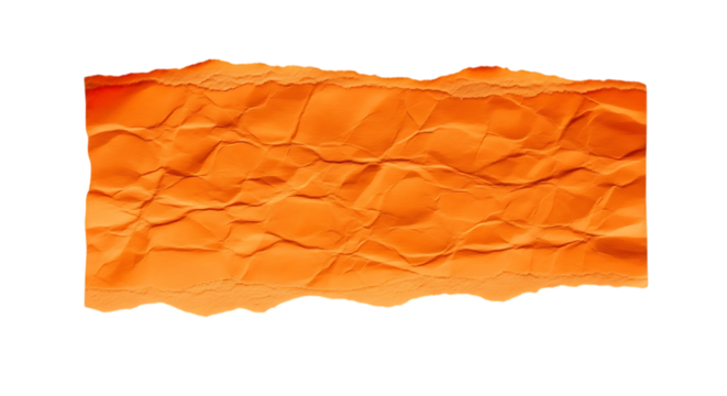 Crumpled orange paper texture with rough, torn edges, making a vibrant background design isolated on transparent background