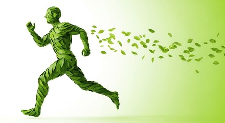 A man made of green leaves is running fast symbolizing natural energy health wellness and an eco friendly lifestyle with leaves trailing on a green gradient background