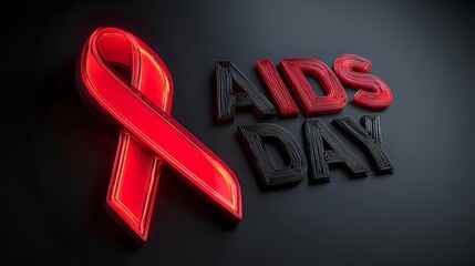 World AIDS Day awareness red ribbon and text on dark background symbol of support for people living with HIV