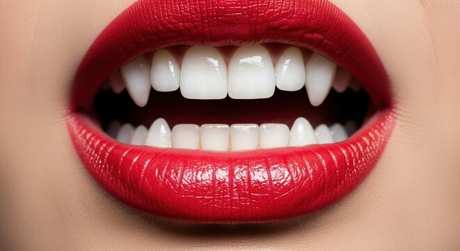 A sexy close-up macro of a woman's mouth with sensual bright red lipstick reveals sharp white vampire fangs for a Halloween costume or gothic fantasy concept - Powered by Adobe