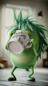 Fairytale cartoon green creature drinking coffee from large mug with Good morning inscription creating atmosphere of playful morning and magical mood.
