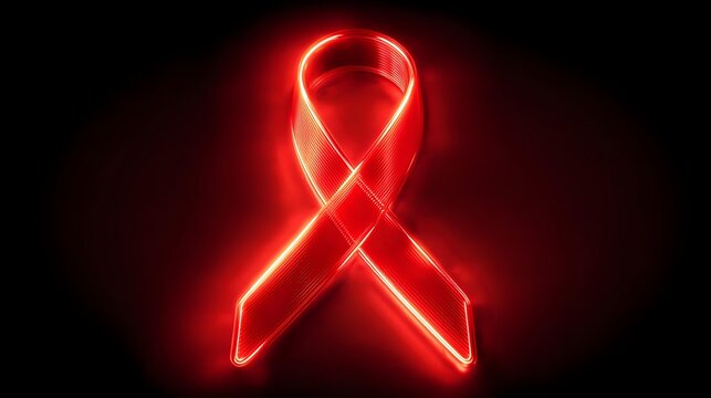 Glowing red ribbon a symbol of AIDS awareness shining brightly on a dark background representing hope and support