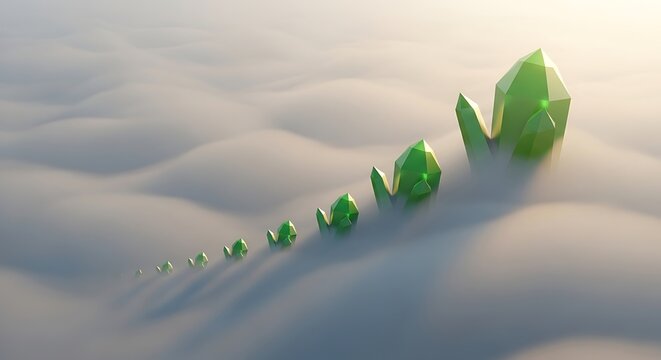 Green crystal formations rise from a sea of clouds in a stylized, low-poly rendering.