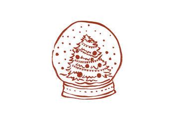 Hand drawn illustration of a christmas snow globe with a decorated tree inside