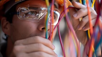 A man wearing a hard hat and safety glasses is looking at a bunch of wires. Concept of caution and attention to detail, as the man is likely working on a project that requires precision