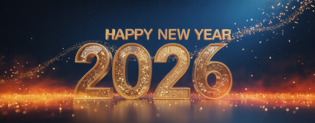 Happy New Year 2026 golden glitter numbers with sparkling light trails festive celebration background