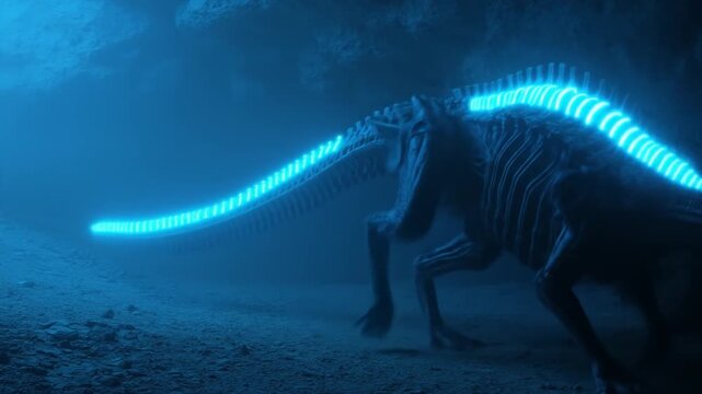 Glowing dinosaur skeleton in a dark environment