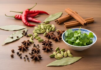 Assorted Spices Red Chili Peppers, Cinnamon Sticks, Cardamom, Anise, Bay Leaves, Coriander in Bowl, and Black Peppercorns on Wooden Surface.
