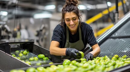Fruitful Endeavor: A focused and dedicated worker carefully examines fresh limes on a conveyor belt, embodying the meticulous process of quality control.