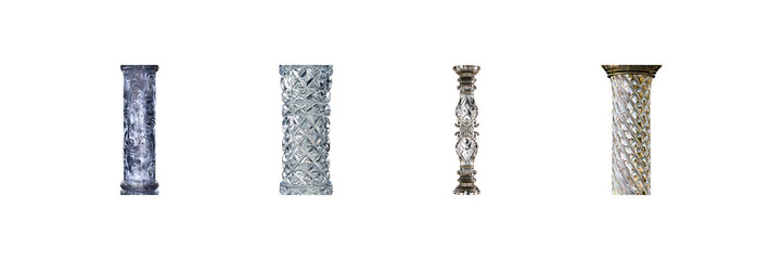 Fototapeta premium Decorative Glass Columns Set. Elegant Architectural Design Elements Collection Isolated On Transparent Background