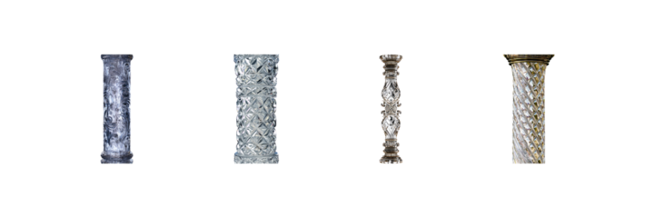 Decorative Glass Columns Set. Elegant Architectural Design Elements Collection Isolated On Transparent Background