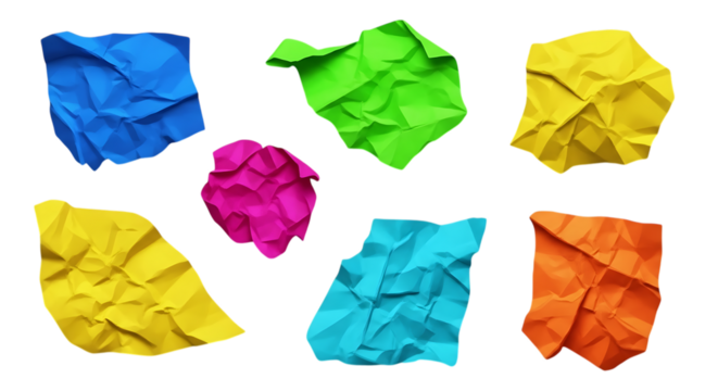 Collection of vibrant crumpled paper pieces in various colors and textures, abstract concept. isolated on transparent background