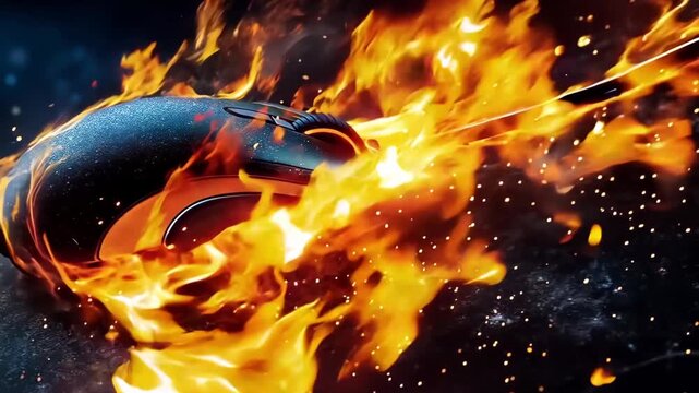 A computer mouse on fire with a black background
