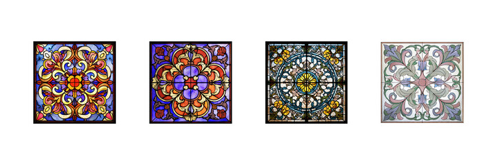 Stained Glass Window Patterns Set. Artistic And Decorative Design Collection Isolated On Transparent Background