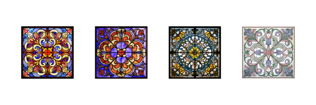 Stained Glass Window Patterns Set. Artistic And Decorative Design Collection Isolated On Transparent Background