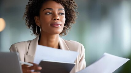 A woman is sitting at a table with a laptop and a piece of paper. She is reading the paper and looking at the laptop. Concept of focus and concentration as the woman is engaged in her work - Powered by Adobe