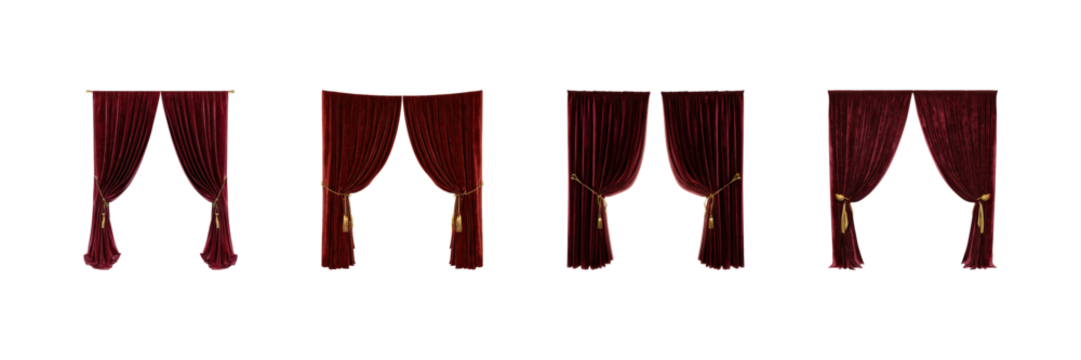 Luxurious Red Velvet Curtains Set. Elegant Home Decor And Interior Design Collection Isolated On Transparent Background