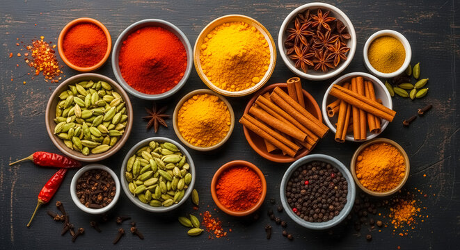 colorful spices assortment on dark background