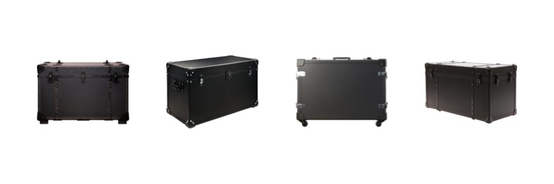 Black Storage Trunks And Cases Set. Versatile Travel And Storage Solutions Collection Isolated On Transparent Background