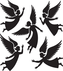 Obraz premium Five black silhouettes of angels with large feathered wings are depicted in various dynamic poses of flight against a white background.
