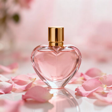 Frasco de perfume en forma de coraz&oacute;n rodeado de p&eacute;talos de rosa rosados.  