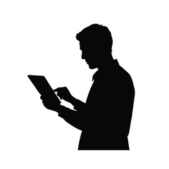 Man Silhouette Using Digital Tablet Isolated on White Background Vector Graphic