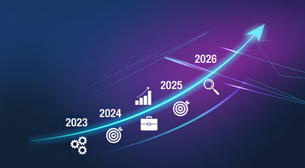 Business growth forecast with target icons showing increasing success from 2023 to 2026 vector illustration for presentation and infographic