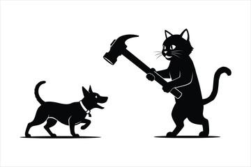 A cat is beating a dog with a hammer vector art
