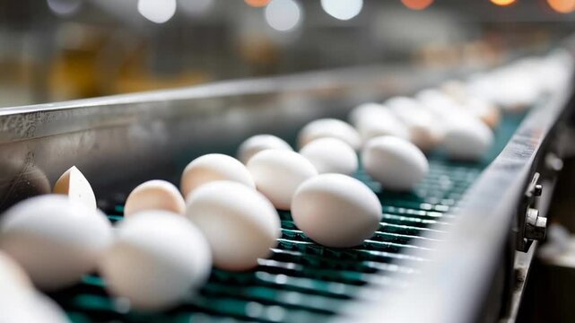 A conveyor belt with many white eggs on it. The eggs are moving along the belt and are not touching each other