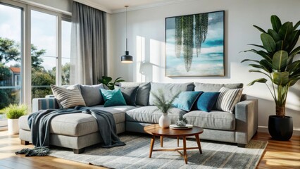 Modern living room with sectional sofa and large window isolated on white background