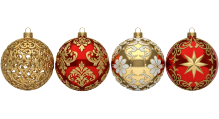 Four ornate christmas baubles or ornaments in red and gold