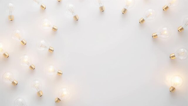 White background framed with scattered light bulbs, several flickering on and off to suggest brainstorming, creativity and innovation, leaving central space for text