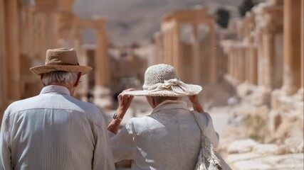 Man and woman wearing hats stand looking at ancient ruins, concept of senior couple enjoying historical sightseeing travel. Traveling in retirement: active old age
