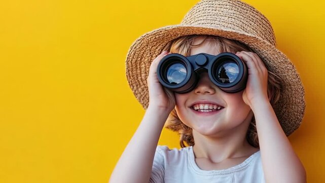 A little girl in a straw hat looking through binoculars