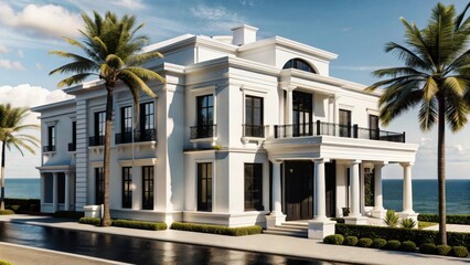 Elegant white mansion with palm trees and ocean view isolated on white background