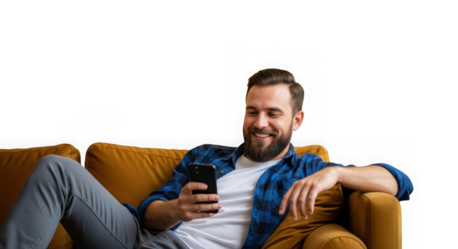 Contented man on couch with phone isolated on transparent background