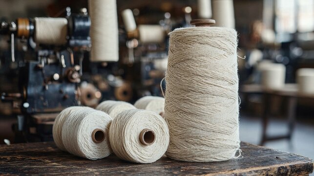 Spools of Natural Cotton Yarn on a Rustic Wooden Table with Vintage Textile Machinery in the Background, Textile Industry