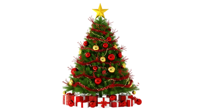 A beautifully decorated christmas tree with red and gold ornaments and tinsel, surrounded by wrapped gift boxes at its base, isolated on a transparent background
