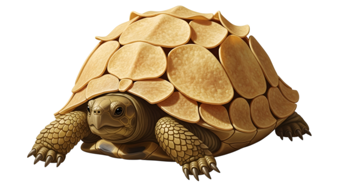 A detailed illustration of a tortoise with a textured, segmented shell