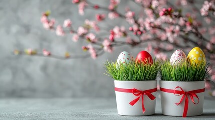 Colorful Decorated Easter Eggs in Pots with Green Grass and Red Ribbons, Spring Blossom Background, Festive Holiday Still Life, Copy Space