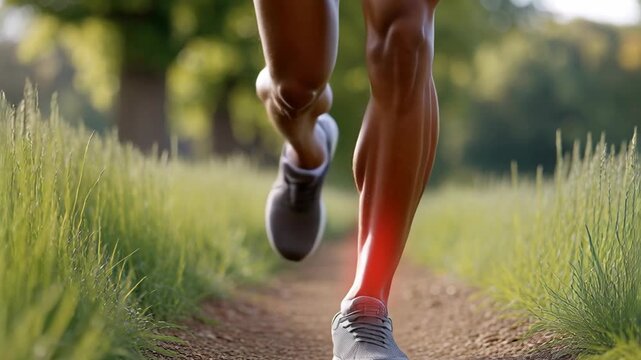 Close-up of a person's lower legs and feet running on a dirt path with green grass, showing a red glowing area indicating ankle pain or injury.